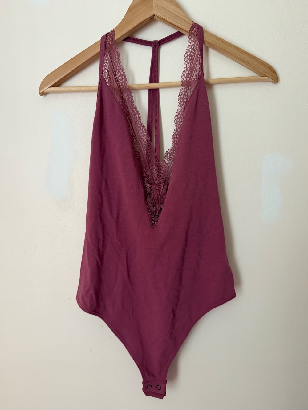 Express Wine Lace-Trim Plunge Bodysuit